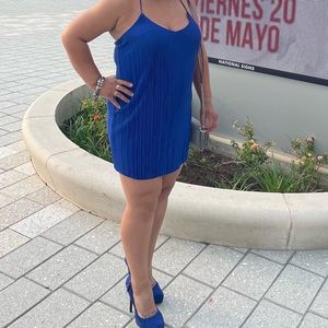Pleated royal blue mini spaghetti strap dress